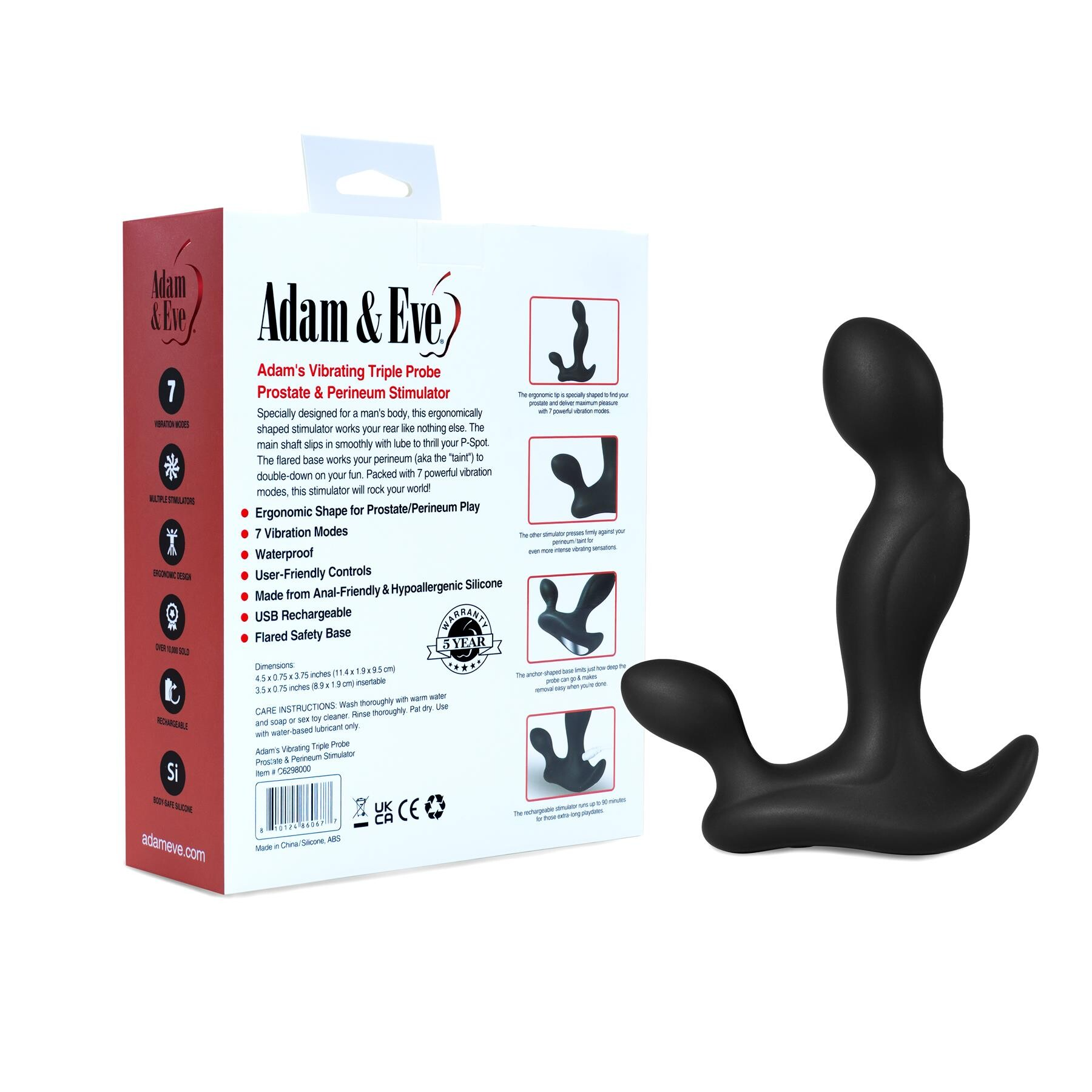 Black silicone Adam & Eve Triple Probe prostate and perineum vibrator.