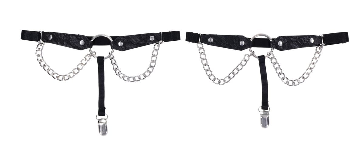 Black lace and faux leather garters with silver chains and clips.