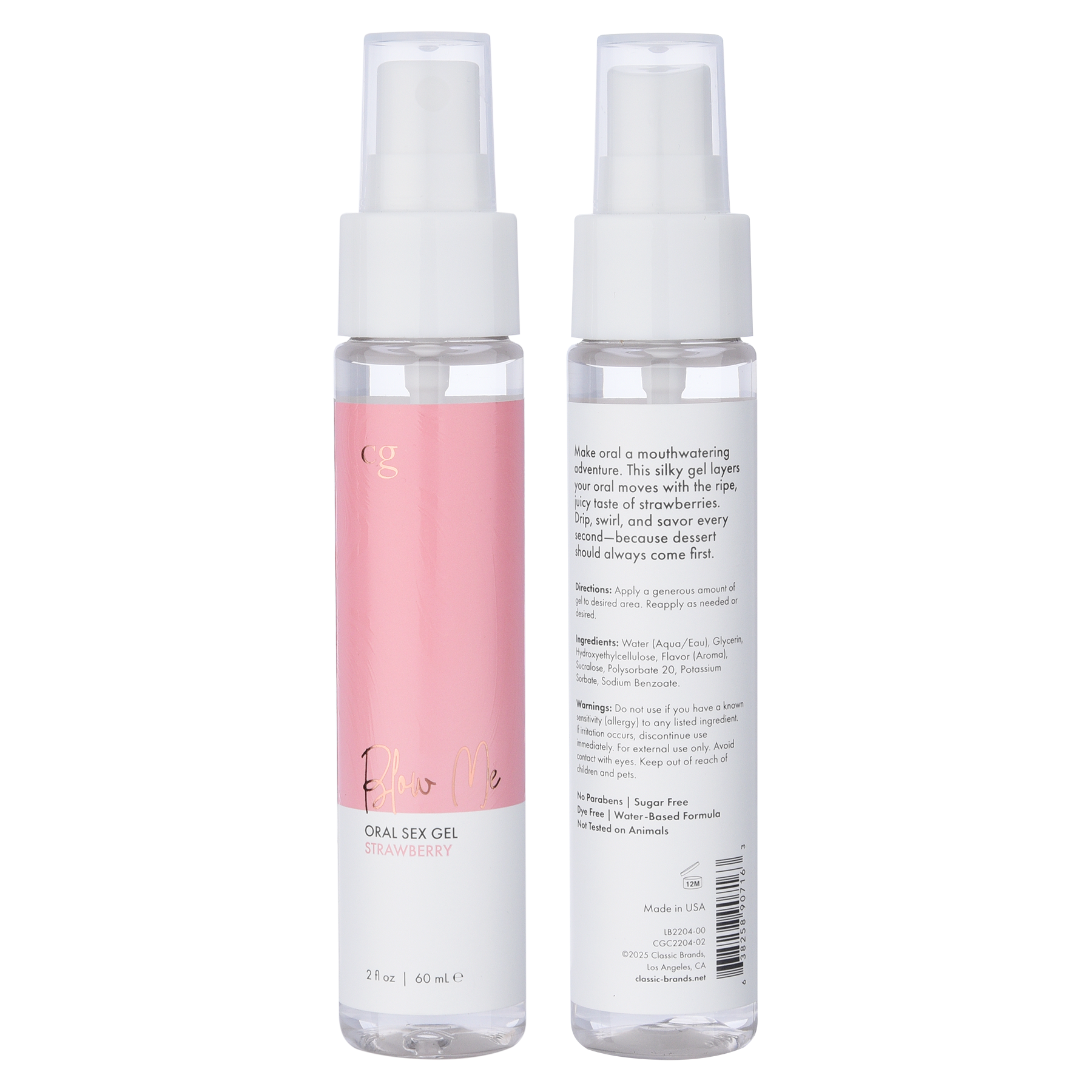Strawberry flavored oral sex gel in a clear spray bottle with pink label.