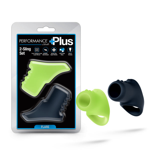 A 2-piece silicone cocksling set in green and black, with one glowing in the dark.