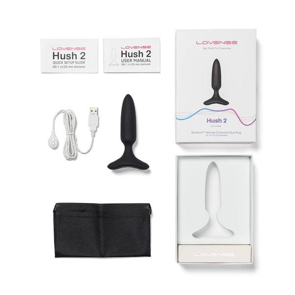 Lovense Hush 2 app-controlled vibrating butt plug with charging cable and pouch.