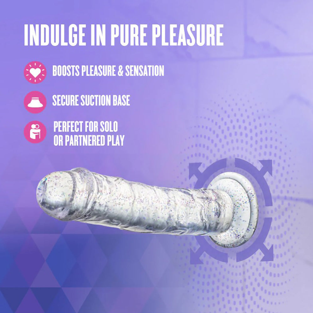 A clear, 7-inch dildo with glitter and a suction cup base.