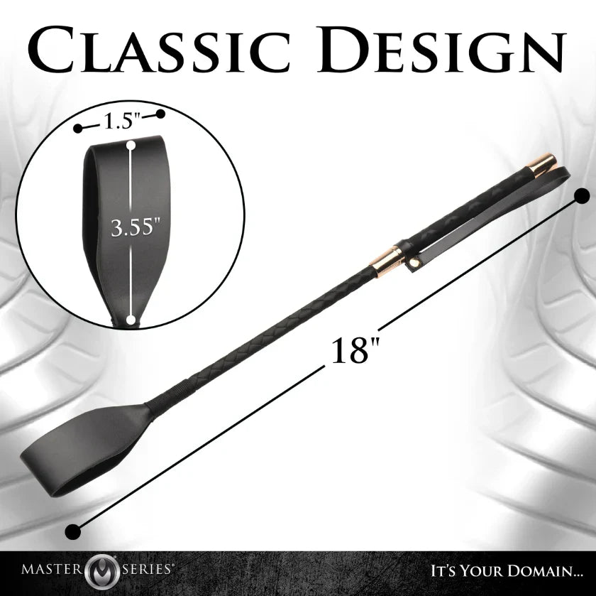 Black vegan leather riding crop with textured grip, 18 inches long.