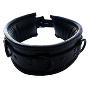 Black leather padded collar with three D-rings.