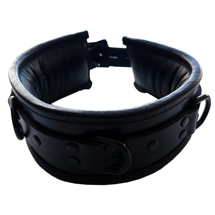 Black leather padded collar with three D-rings.
