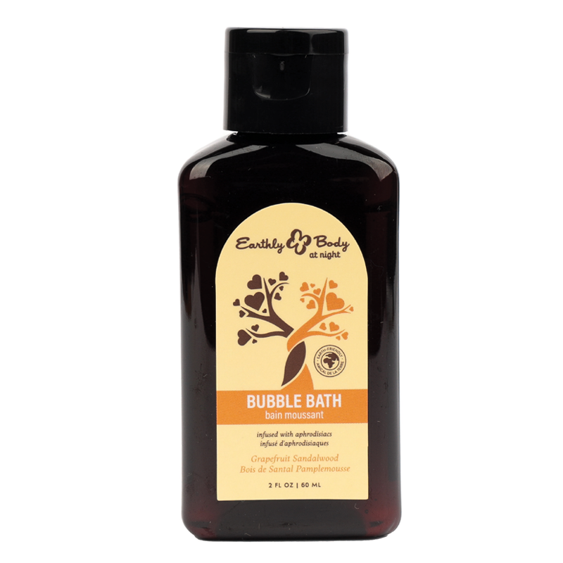 Earthly Body Grapefruit Sandalwood Bubble Bath in a dark bottle.