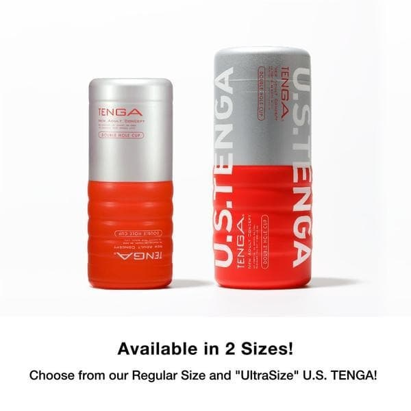 Two Tenga Double Hole Cup masturbators, one regular and one ultra size.