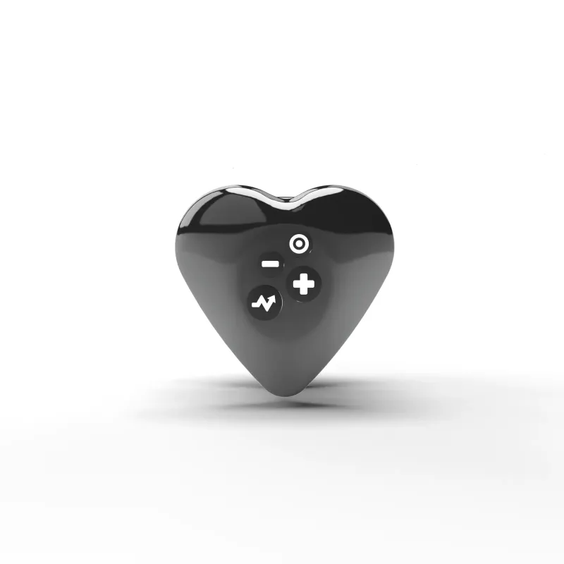 A black heart-shaped device with buttons for power, intensity, and vibration.