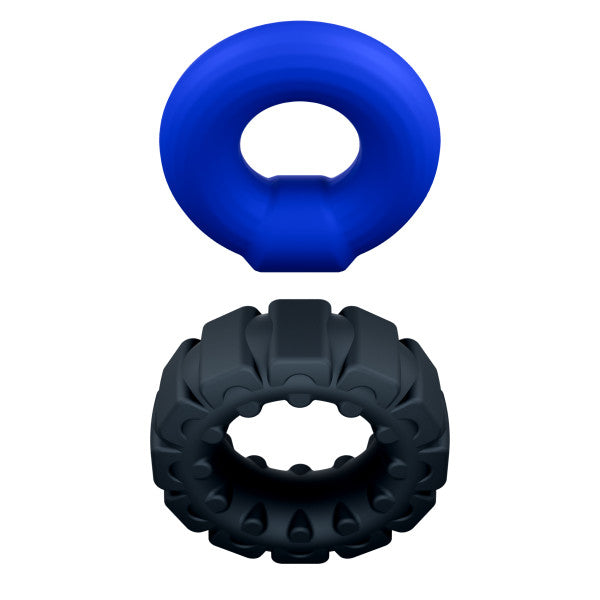 Blue and dark gray textured silicone cock rings.