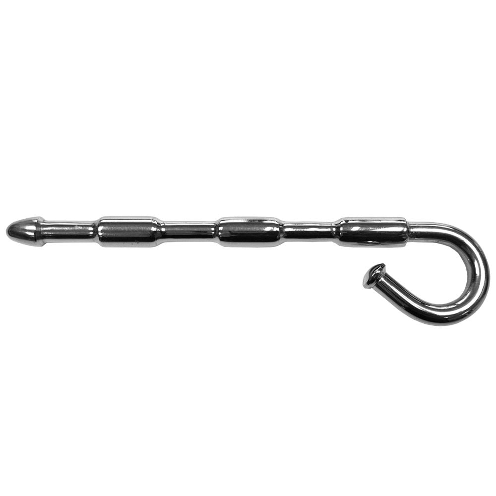 Stainless steel urethral plug with a waved shaft and a curved pull handle.