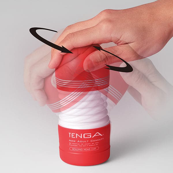 Tenga Rolling Head Cup male masturbator with a red and white ribbed body.