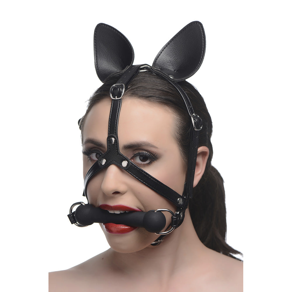 Black vegan leather pony head harness with a silicone bit gag.