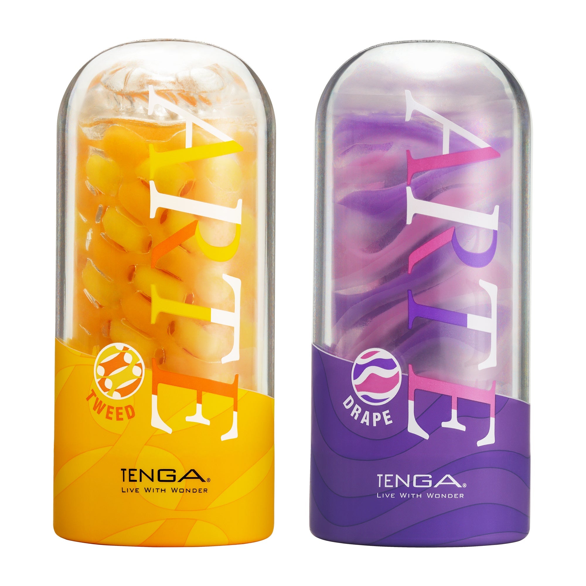Two Tenga ARTE strokers, one orange with "Tweed" and one purple with "Drape".