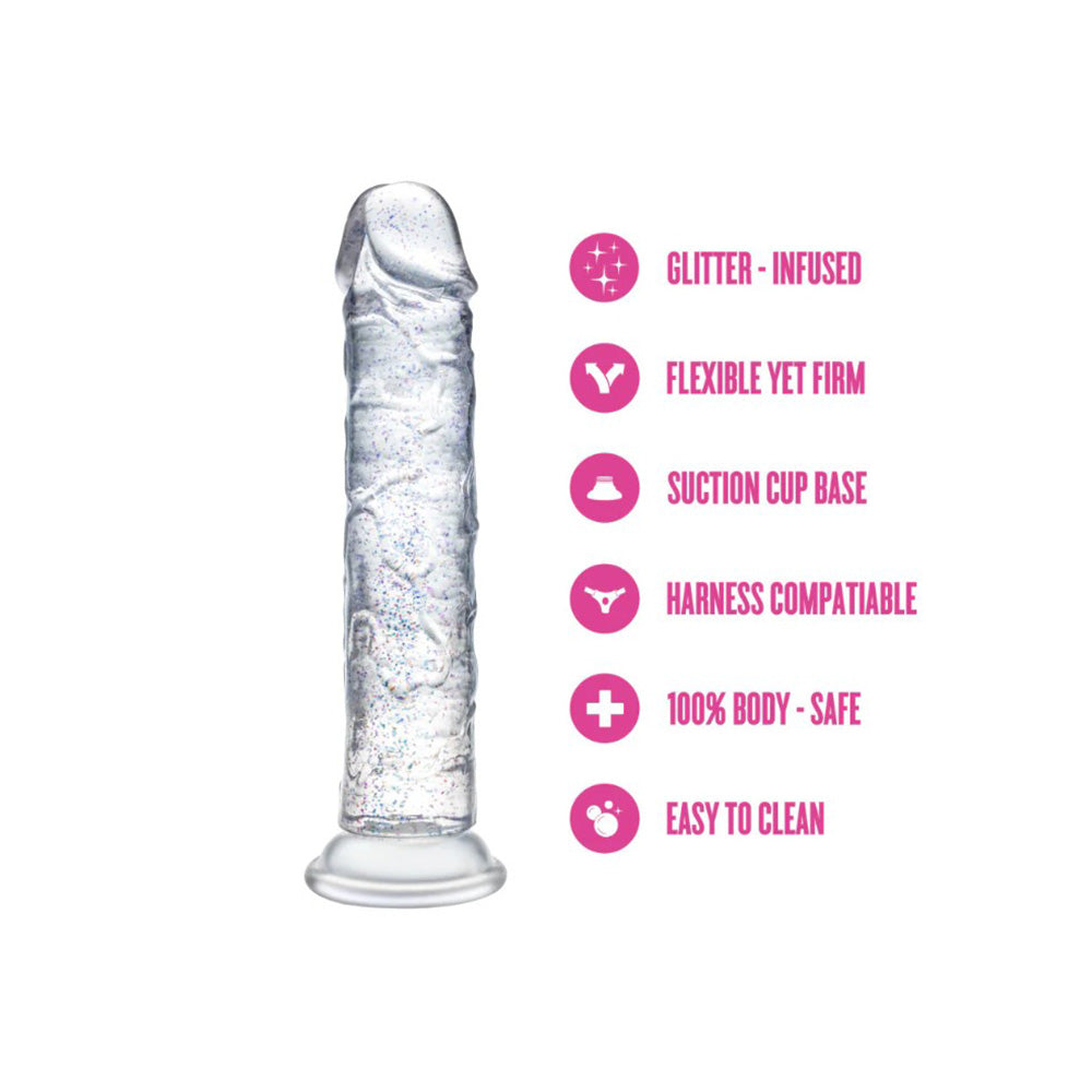 Clear 7-inch glitter-infused dildo with suction cup base and harness compatibility.