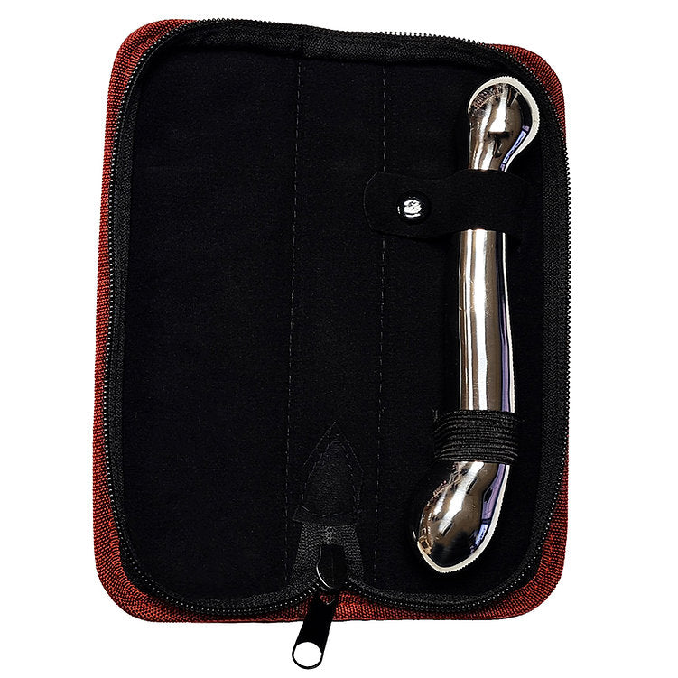 Stainless steel dual-ended dildo in a red zippered case.