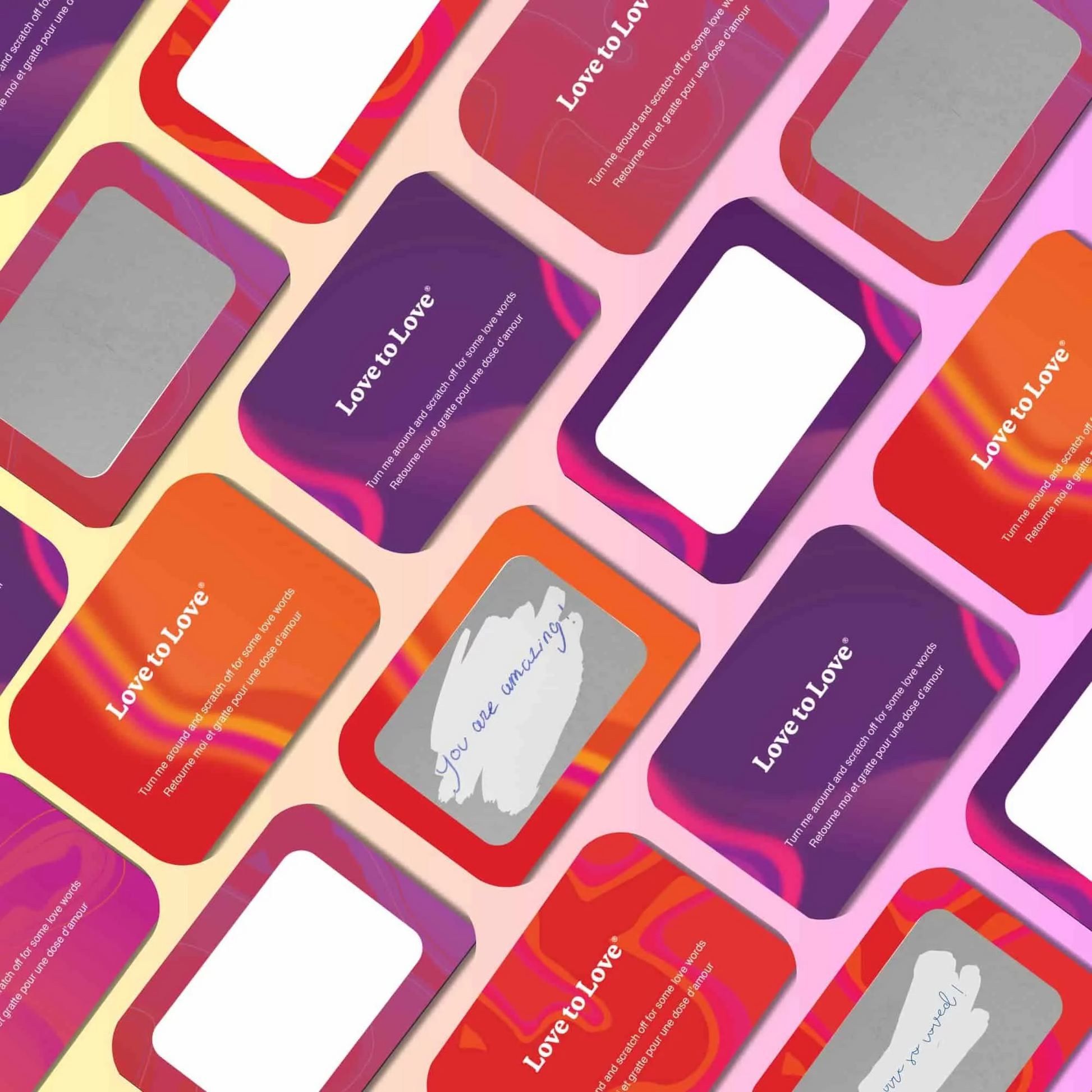 A set of "Love to Love" scratch-off message cards with colorful designs.