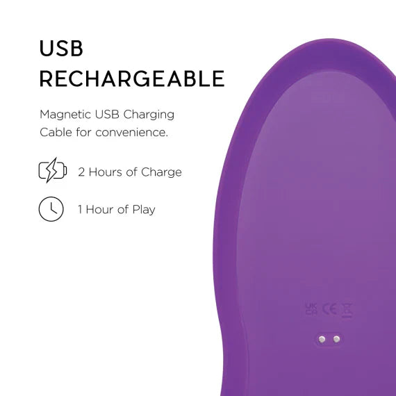 Purple wearable vibrator with USB charging details.