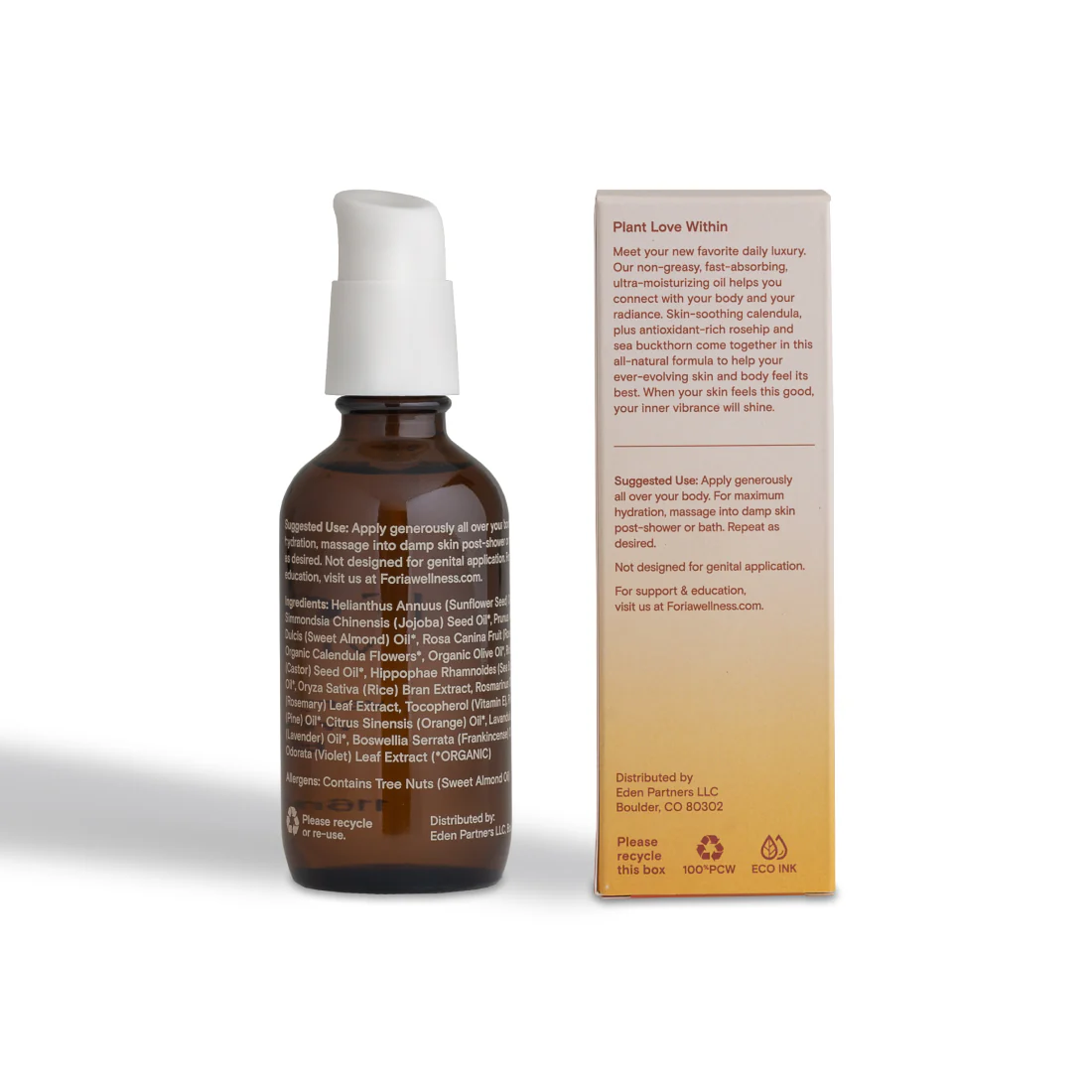 A brown glass bottle of Vibrance Moisturizing Body Oil with a white pump dispenser.