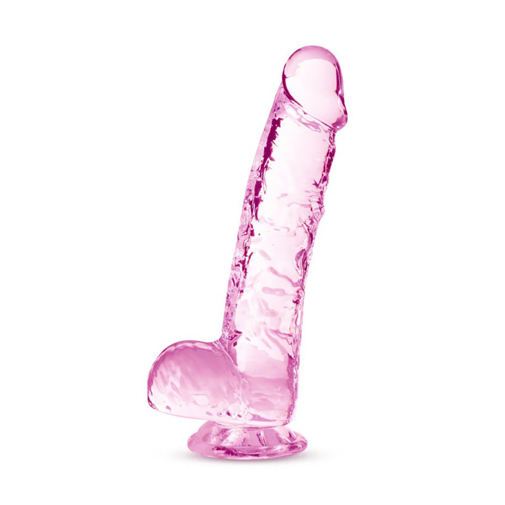 A 6-inch rose blush TPE dildo with crystalline texture and suction cup base.