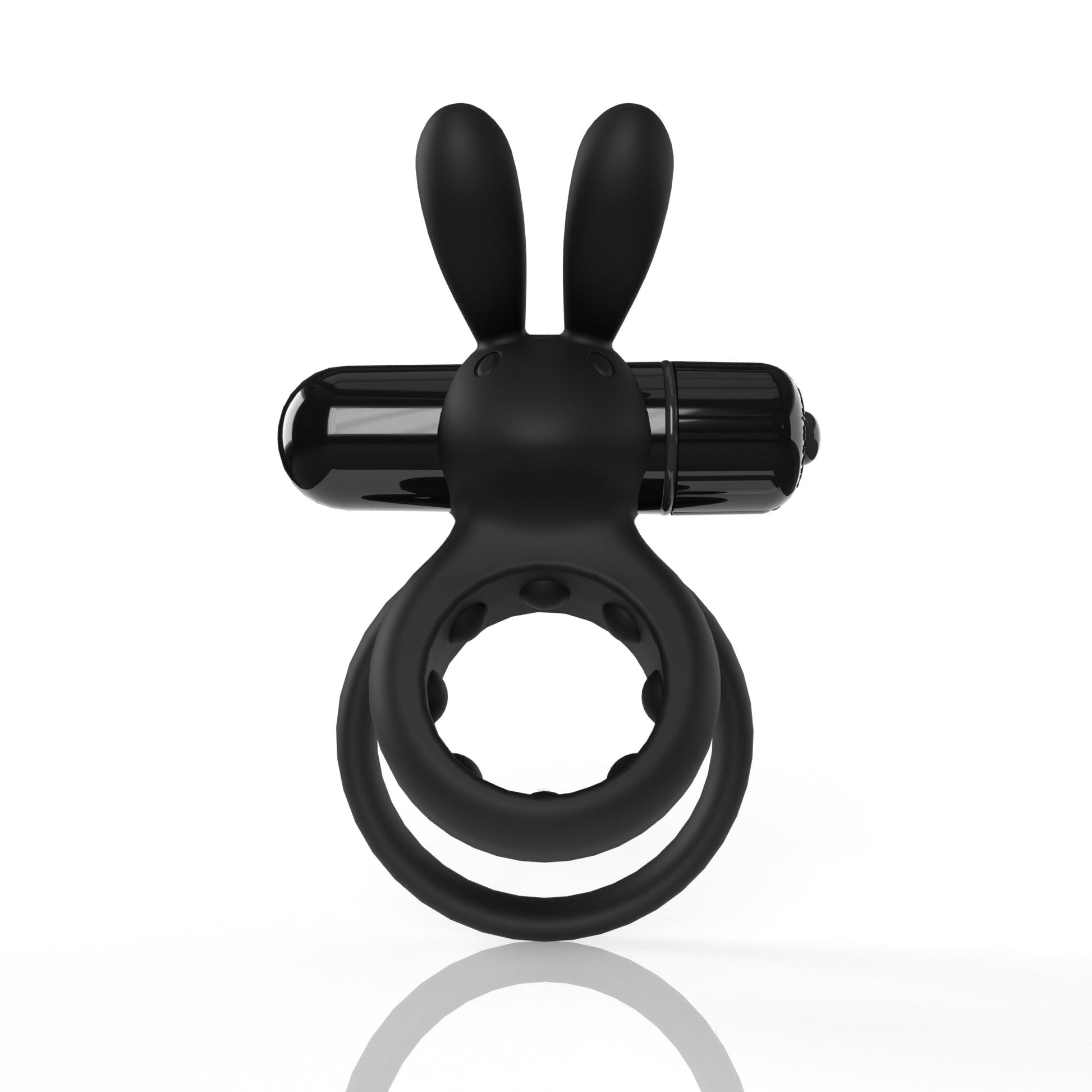 Black vibrating cock ring with bunny ears and dual rings.