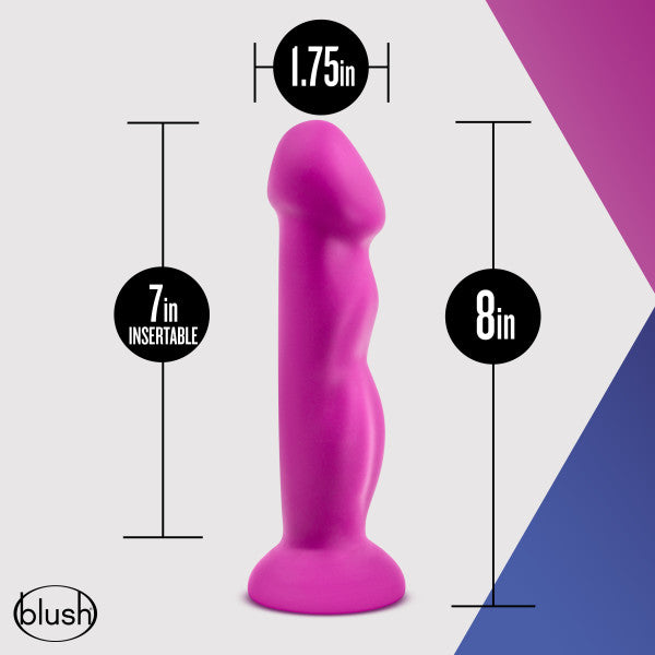 A pink silicone G-spot toy with dimensions indicated.
