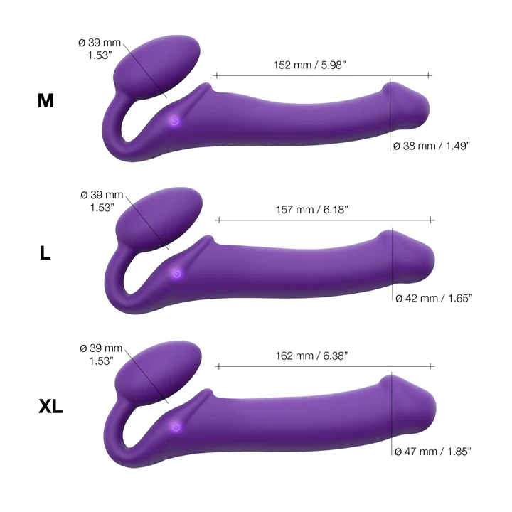 Purple vibrating bendable strap-on with size dimensions.