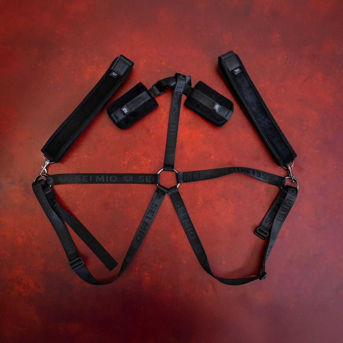 Black adjustable body harness with padded straps and metal rings.