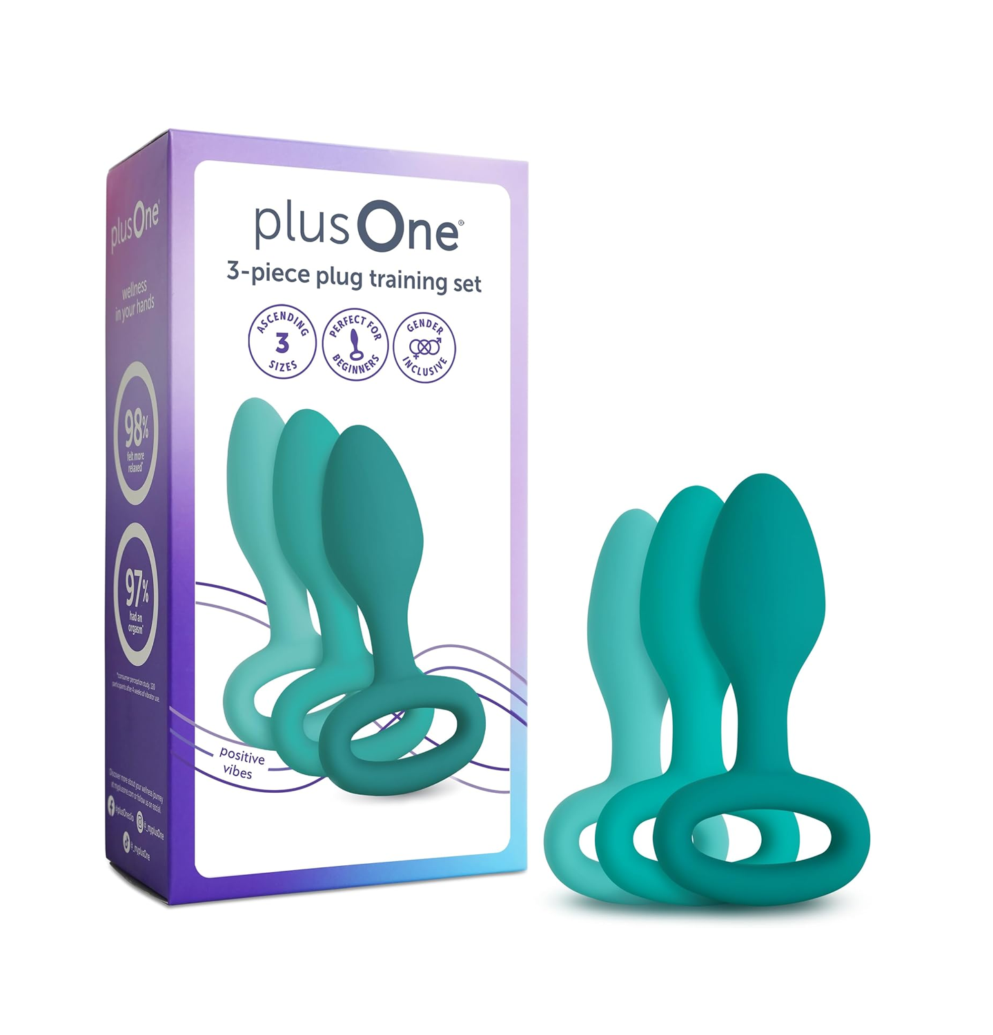 A set of three teal anal plugs in ascending sizes with a purple and white box.