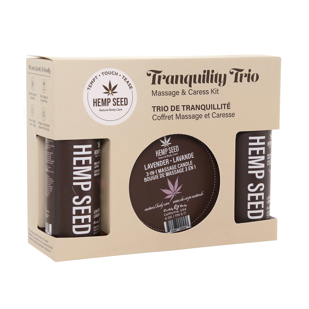 Lavender massage trio gift set with candle and oil.