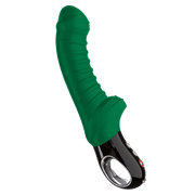 Emerald green ribbed massager with a black handle and silver ring.