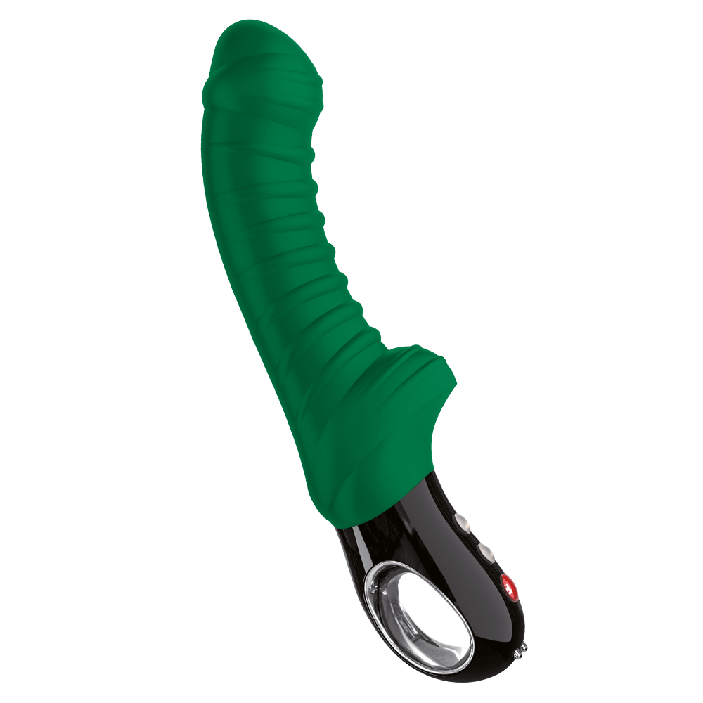 Emerald green ribbed massager with a black handle and silver ring.
