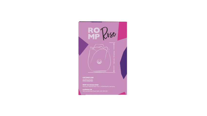 ROMP Rose 2.0 clitoral stimulator in a rose shape, with dimensions shown.