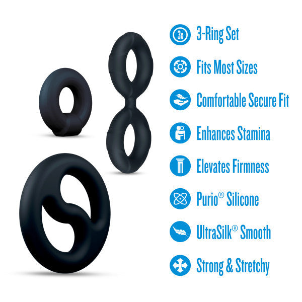 Black silicone cock rings and ball stretcher set with product features.
