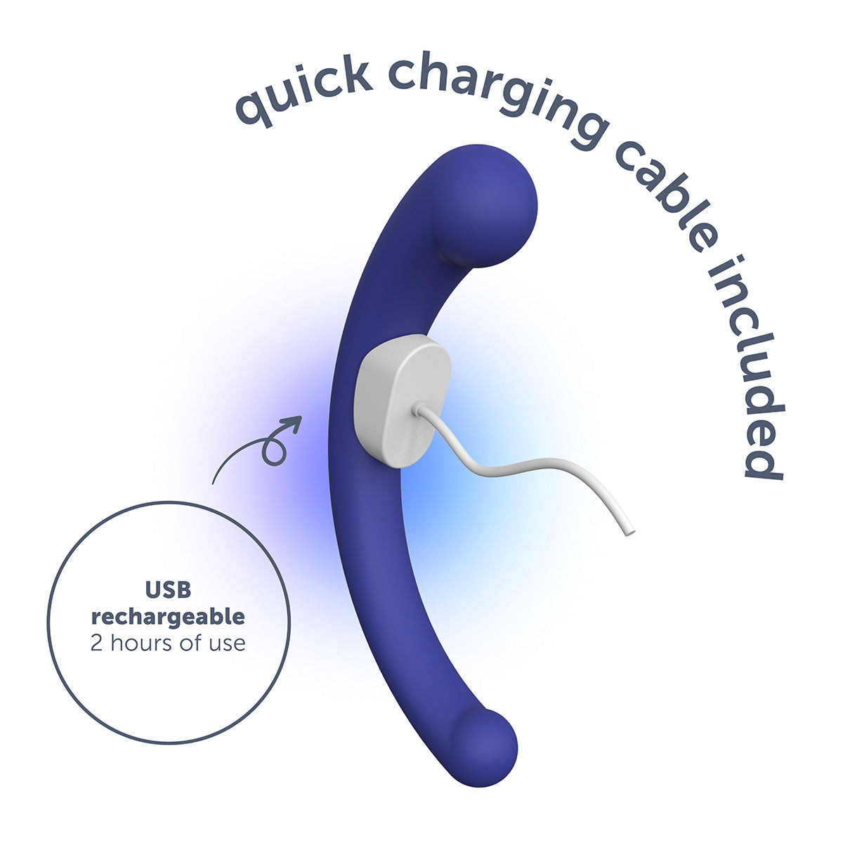 A purple dual vibrating arc massager with a white charging cable and text indicating quick charging and USB rechargeable.