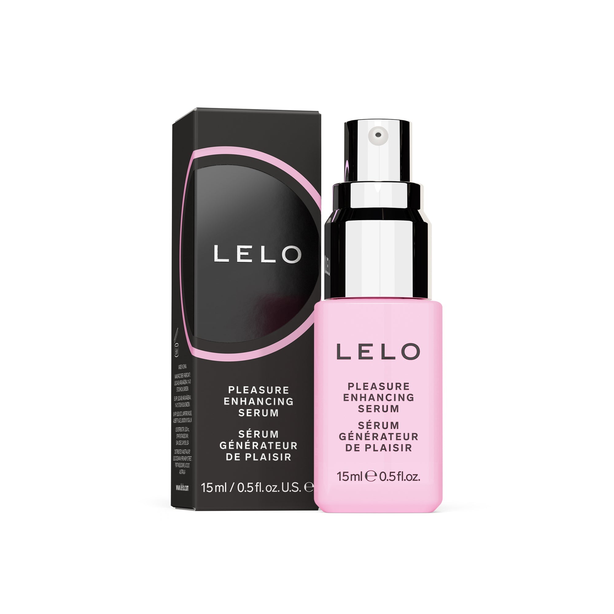 A pink bottle of Lelo Pleasure Enhancing Serum next to its black and pink box.