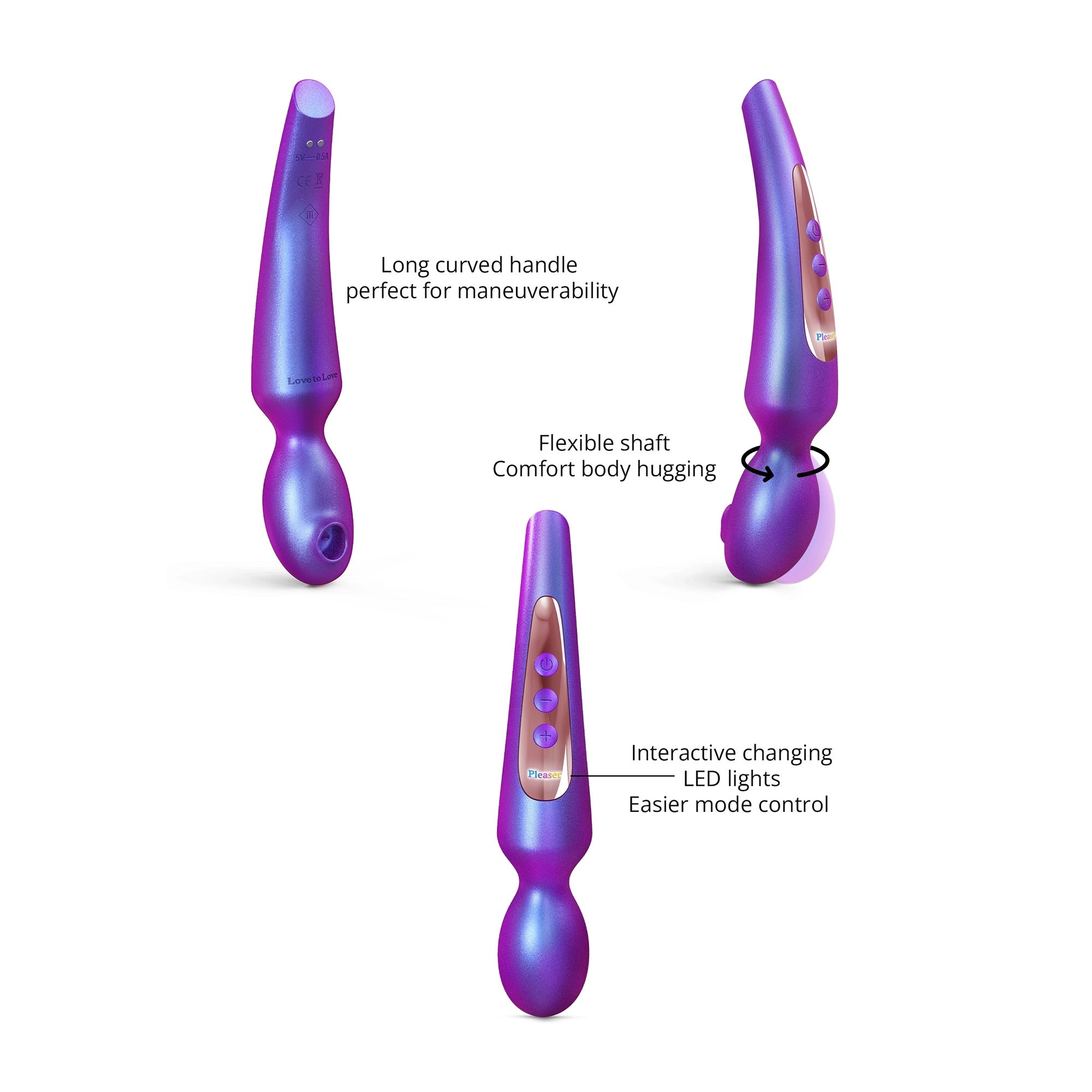 Purple iridescent wand vibrator with curved handle and flexible shaft.
