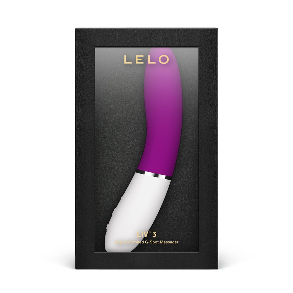 A purple and white Lelo Liv 3 app-controlled G-spot massager in a black box.
