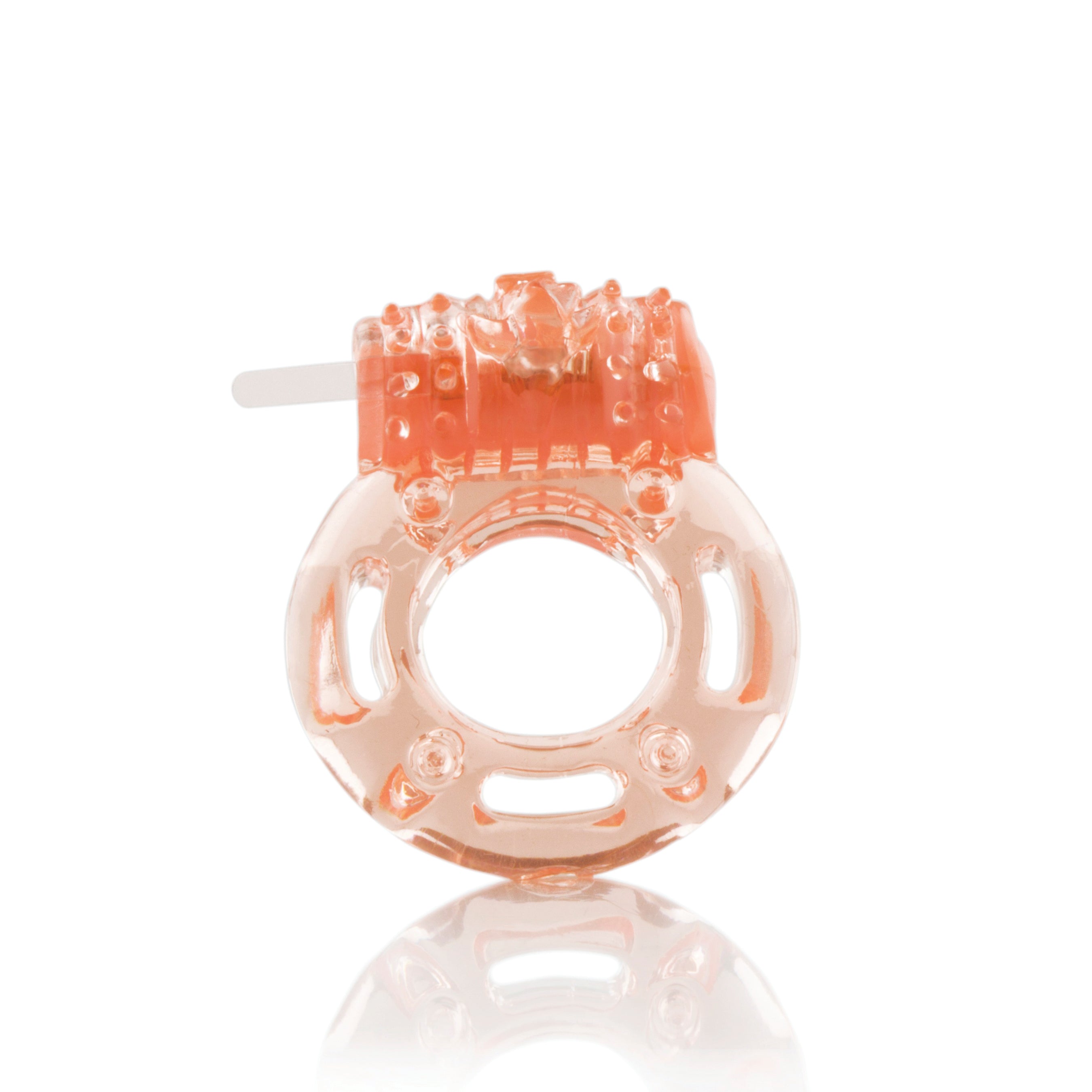 A clear vibrating cock ring with orange clitoral ticklers.