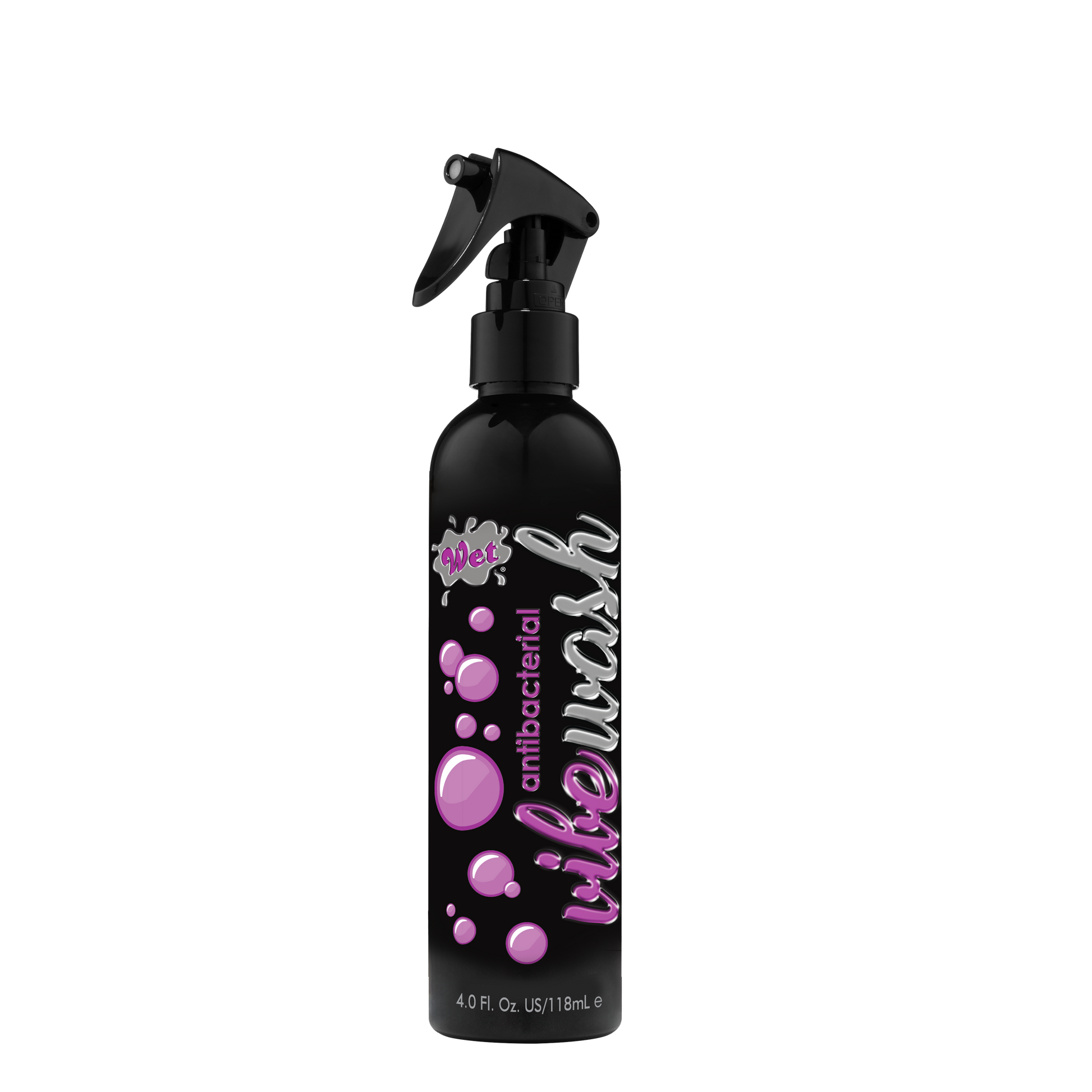 A black spray bottle of Wet Antibacterial Vibe Wash with purple bubbles and text.