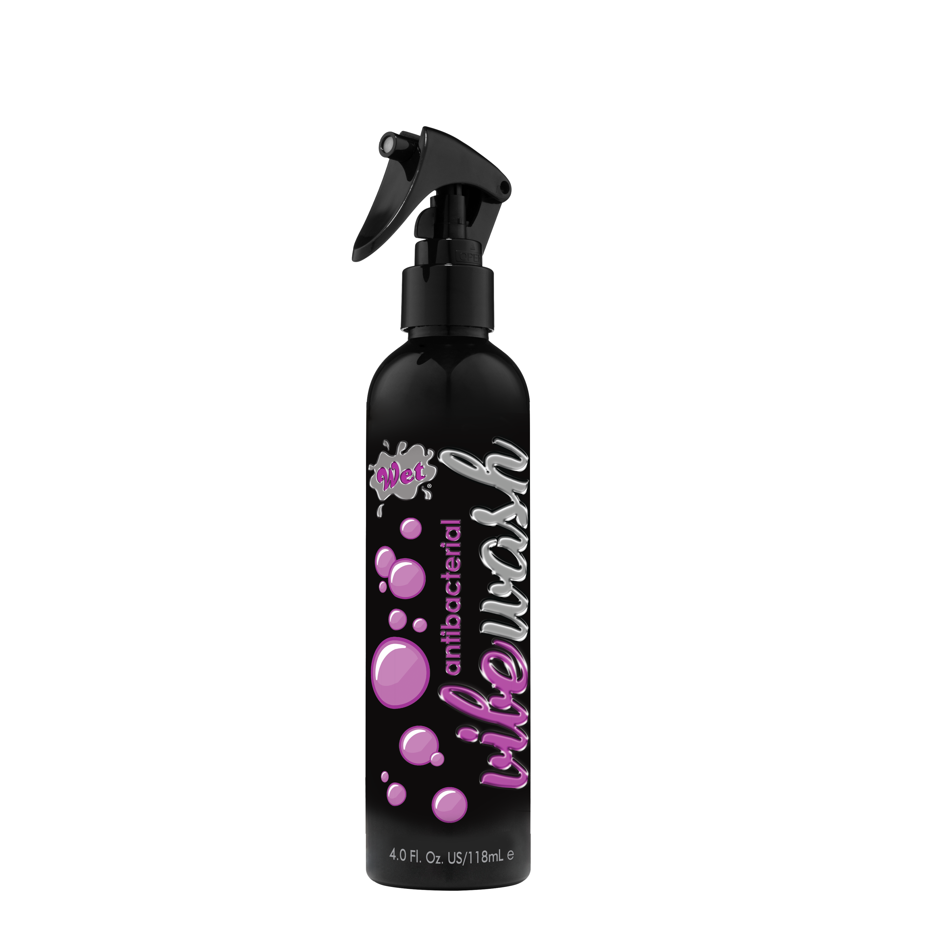 A black spray bottle of Wet Antibacterial Vibe Wash with purple bubbles and text.