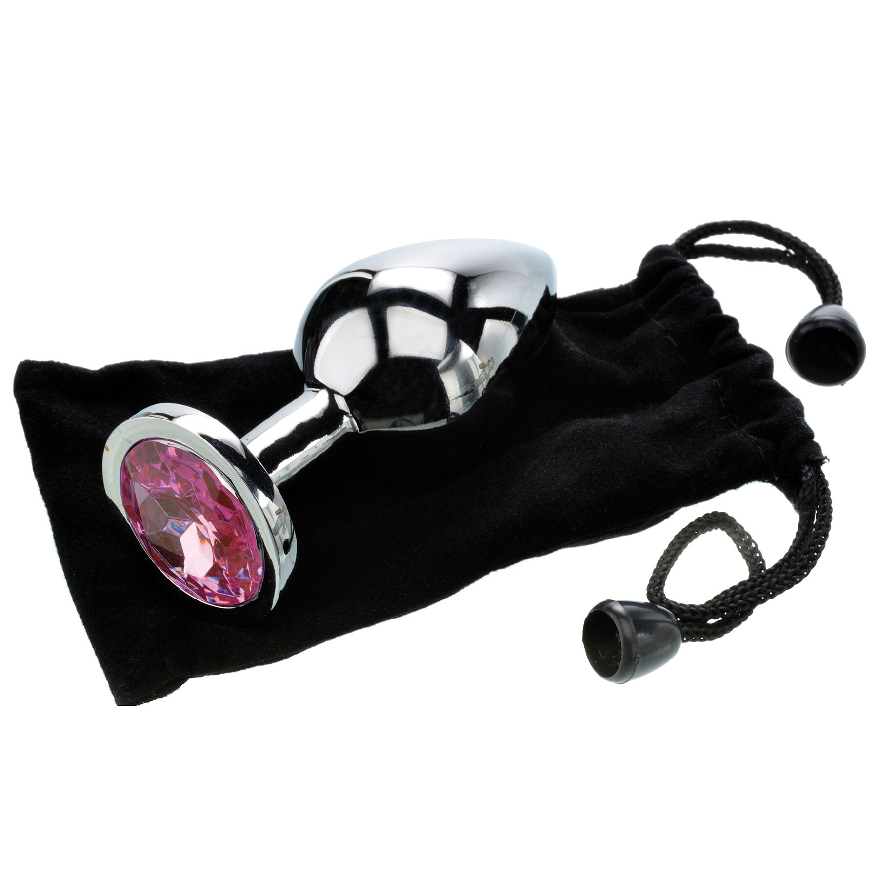 Large aluminum anal plug with a pink gem and black drawstring bag.