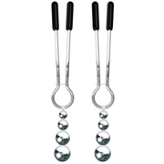 Adjustable weighted nipple clamps with rubber tips and dangling silver beads.