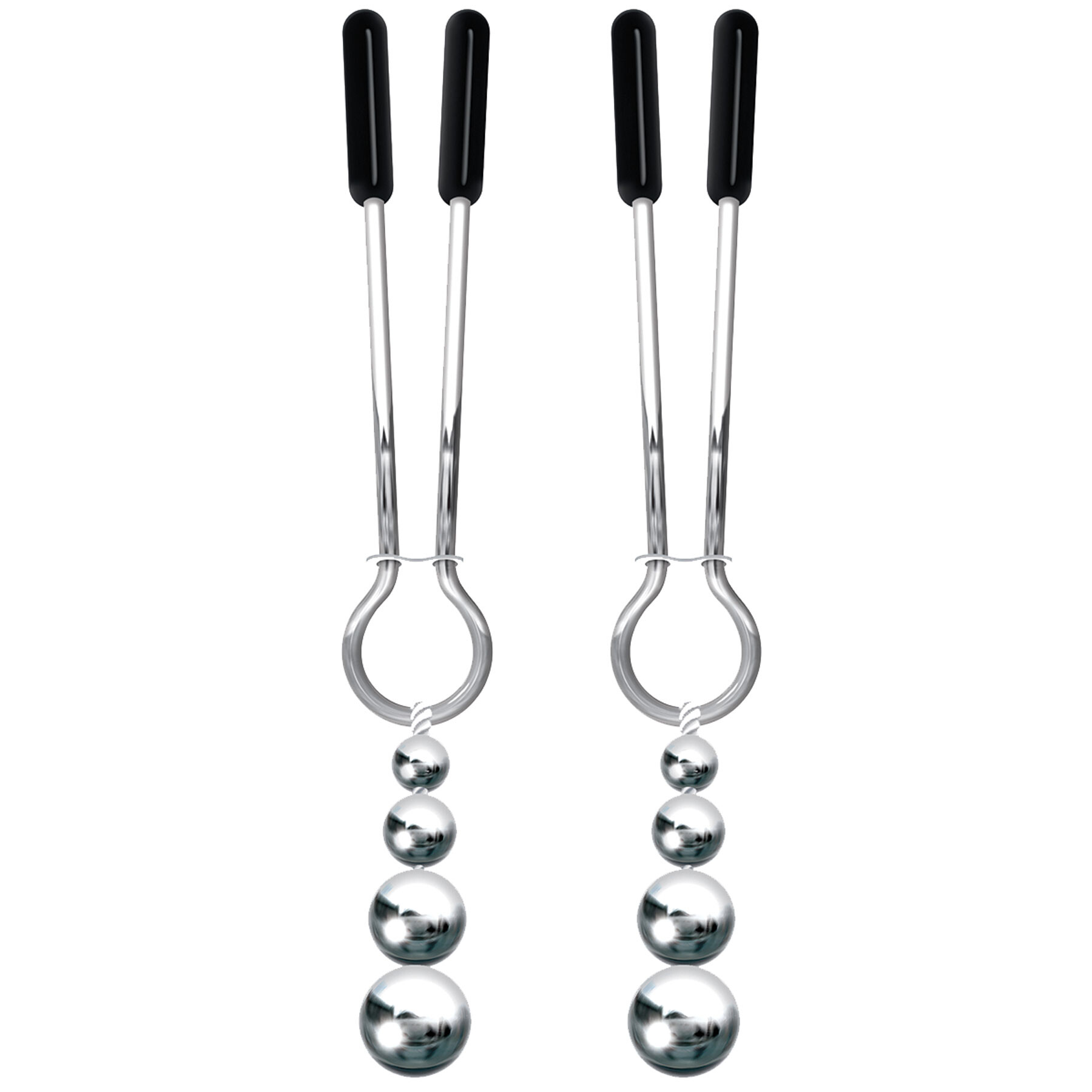 Adjustable weighted nipple clamps with rubber tips and dangling silver beads.