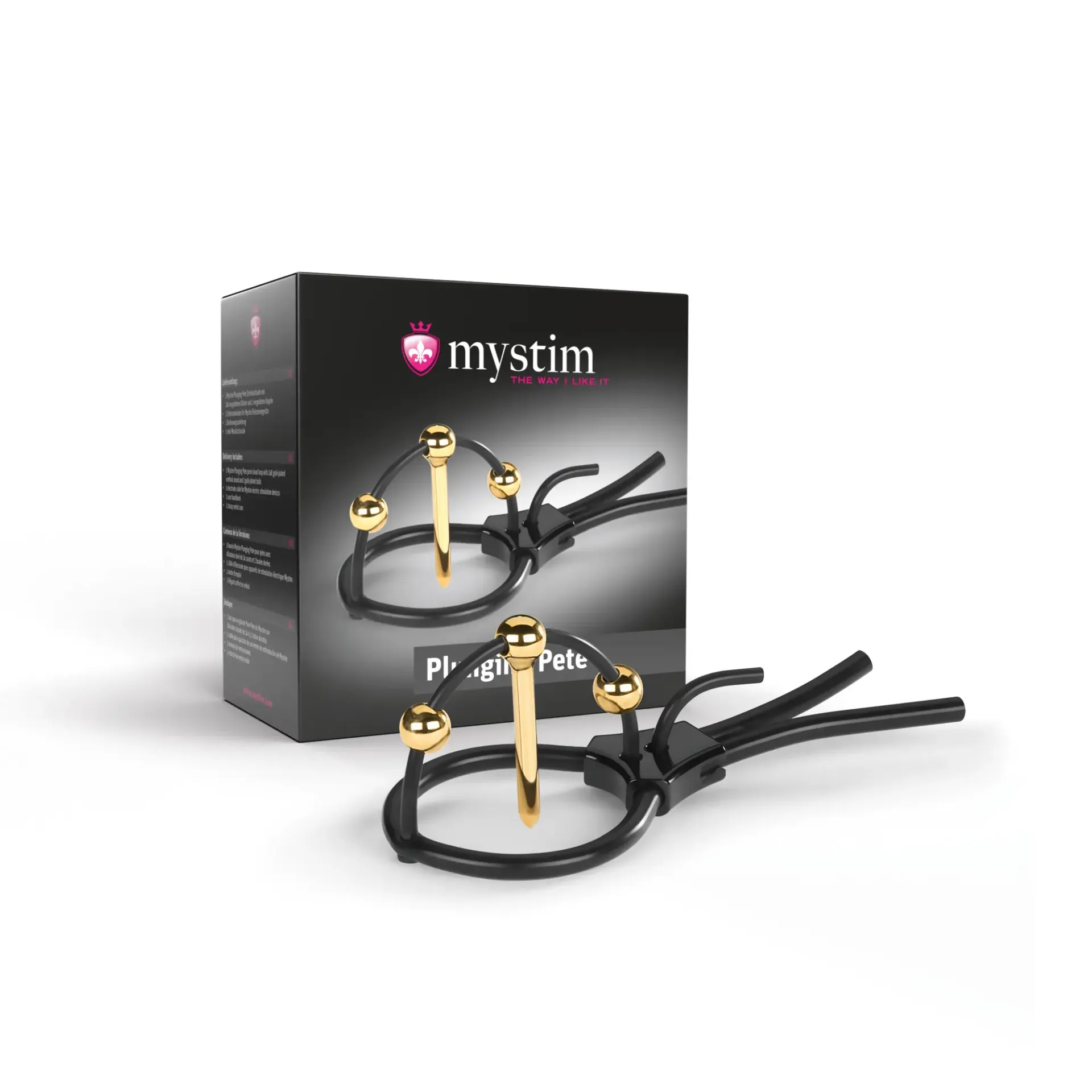 E-Stim Corona Strap with gold urethral sound and gold balls.