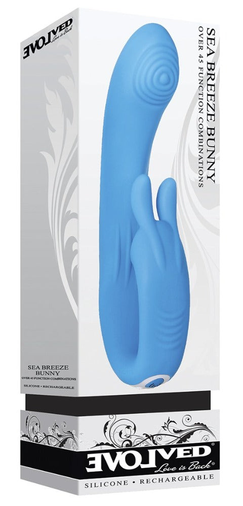 A blue Sea Breeze Flexible G-Spot Rabbit Vibrator on its packaging.