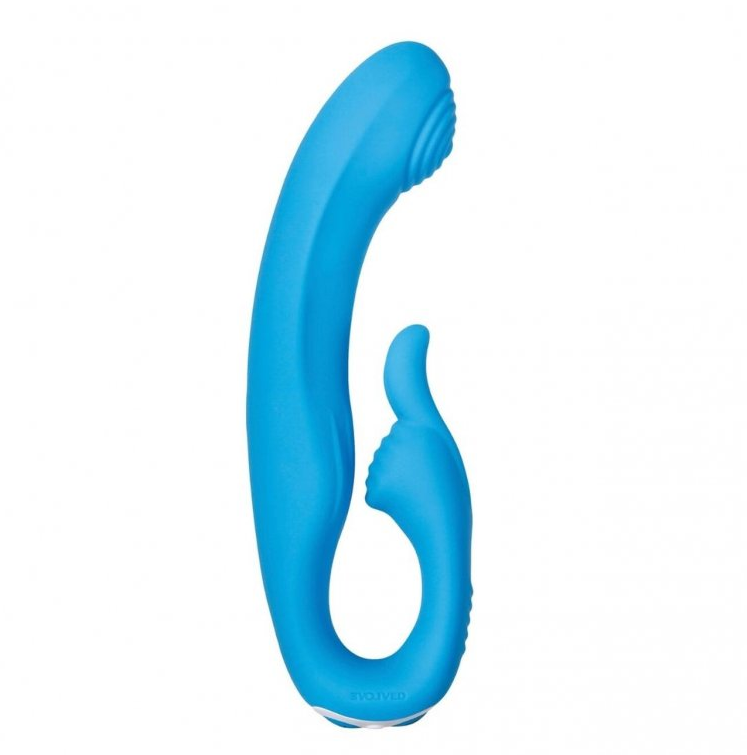 A blue flexible G-spot rabbit vibrator with textured surfaces.