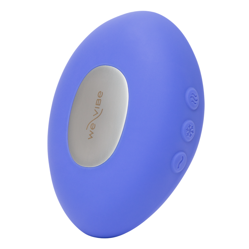 A lavender blue We-Vibe vibrator with a silver oval insert and three circular buttons.