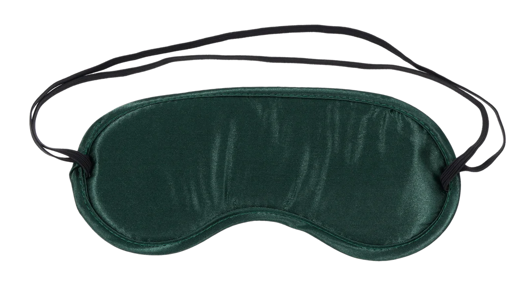 Emerald green satin blindfold with dual elastic straps.
