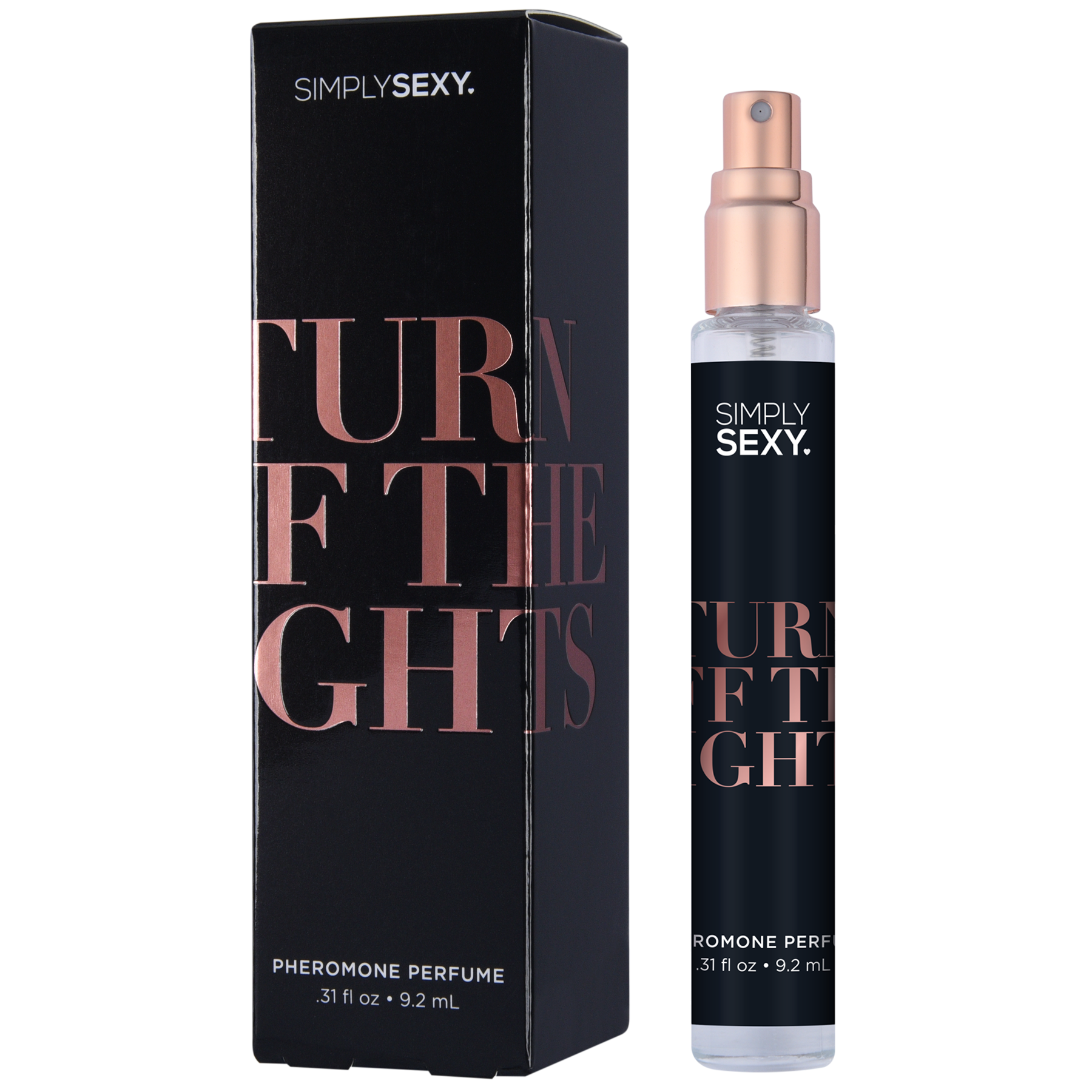 Simply Sexy Turn Off The Lights pheromone perfume spray in a black bottle.