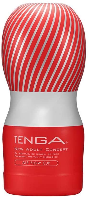 TENGA Air Flow Cup male masturbator with red and white stripes.